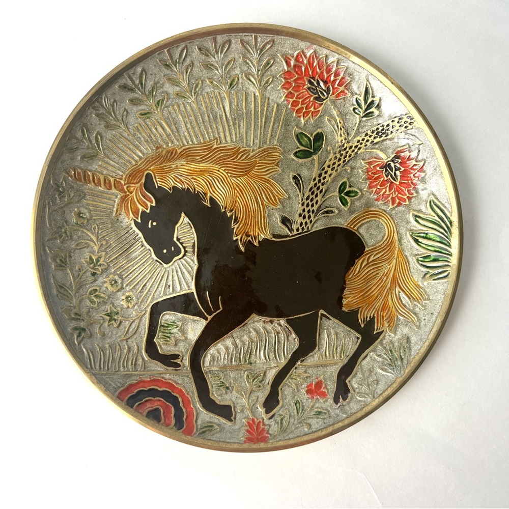 Unicorn Enamel Painted Solid Brass Enesco Plate - Vintage
